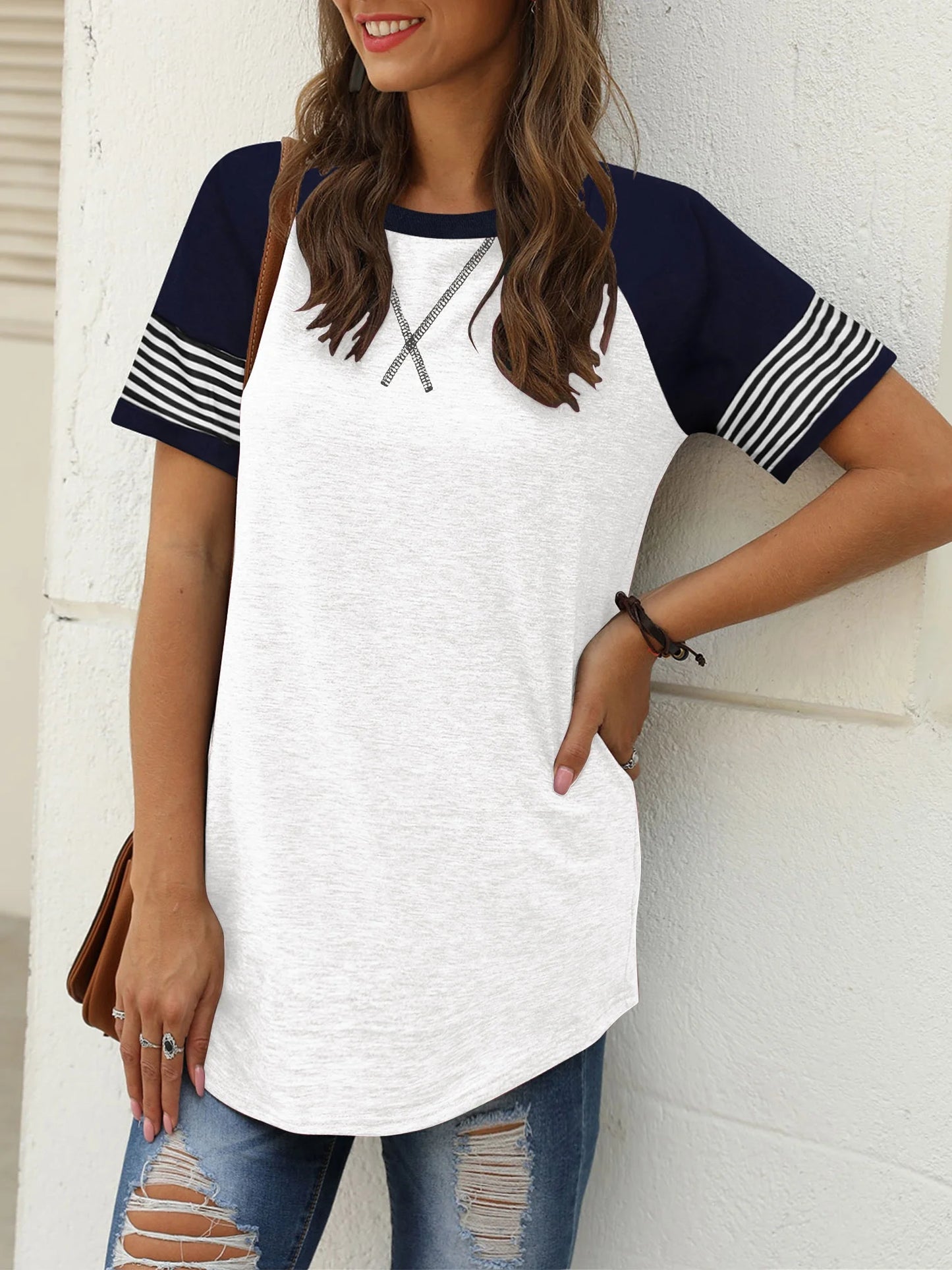 Summer Short Sleeve Tops for Women Color Block Casual Tunic Crew Neck Cute Striped T Shirts White Tees